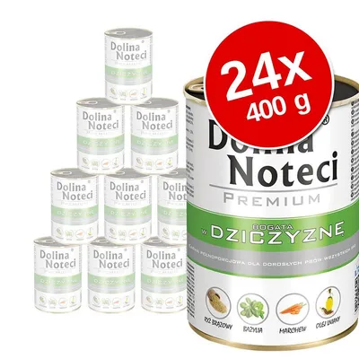 Dolina Noteci Premium vad ízesítésű konzerv kutyaeledel, 24×400 g. Címkén: rizs barna, bazsalikom, sárgarépa, lenmagolaj képei és feliratai.