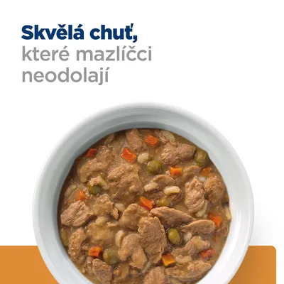 Text v češtine: Skvělá chuť, které mazlíčci neodolají. Miska s kúskami mäsa, mrkvou a hráškom v omáčke.