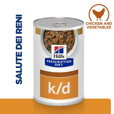 Hill's Prescription Diet k/d, scritta 'SALUTE DEI RENI' a sinistra, testo 'CHICKEN AND VEGETABLES' in inglese in alto a destra con icona gallina. Lattina con cibo visibile.