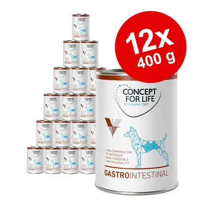 12x400 g Concept for Life Veterinary Diet Gastrointestinal konzervirana hrana za pse, prikaz limenki s natpisima: loss compensation of nutrients, easily digestible, high palatability.