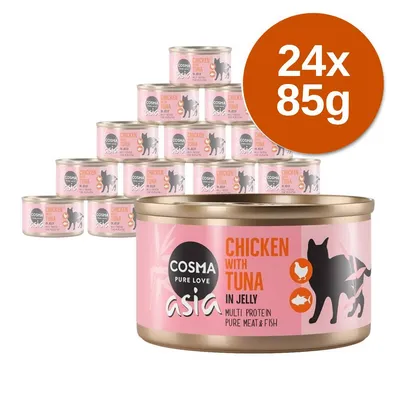 Cosma Asia Chicken with Tuna in Jelly macskaeledel, 24×85 g konzerv. Felirat: multi protein, pure meat & fish. Rózsaszín csomagolás, fekete macska sziluett.