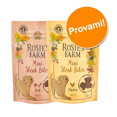 Set prova! Rosie's Farm Mini umido cane 2 x 70 g Mini Steak Bites (Pollo + Manzo)