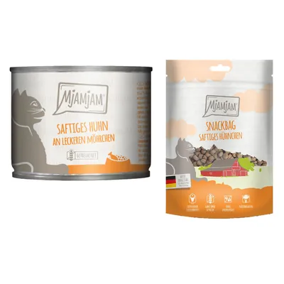 MjAMjAM Kombi-Paket: 12 x 200 g Nassfutter + 3 x 125 g Snackbag saftiges Hühnchen - saftiges Huhn an leckeren Möhrchen 12 x 200 g + Snackbag saftiges Hühnchen 3 x 125 g