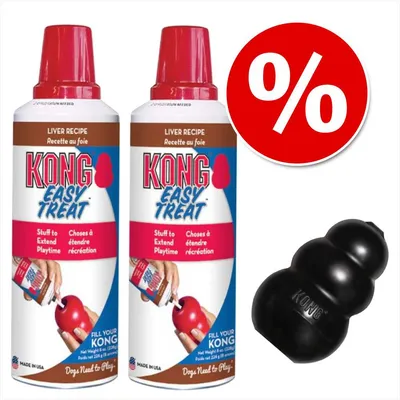 2 confezioni KONG Easy Treat Liver Recipe, scritta 'Stuff to Extend Playtime', un gioco KONG nero e simbolo percentuale rosso per offerta.