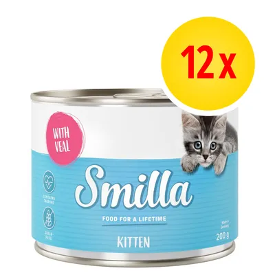 Smilla Kitten with veal, 12 x 200 g. Na etykiecie: contains taurine, grain-free, food for a lifetime, made in Germany. Zdjęcie puszki z kotem na opakowaniu.