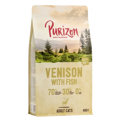 Purizon Venison with Fish per gatti adulti, 400g. 70% ingredienti animali, 30% frutta e verdura, 0% cereali, 42% proteine di alta qualità.