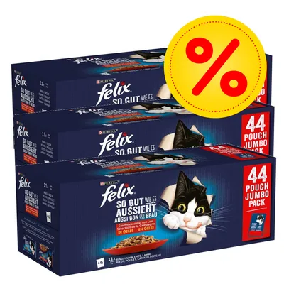 3 boîtes Felix So Gut Wie Es Aussieht Auch Bon Que Beau, 44 sachets jumbo pack, sélection de la campagne en gelée. Signe pourcentage jaune indiquant une offre ou promotion. 3 boîtes Felix So Gut Wie Es Aussieht Auch Bon Que Beau, 44 sachets jumbo pack, sélection de la campagne en gelée. Signe pourcentage jaune indiquant une offre ou promotion.
