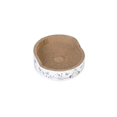 Cuccia rotonda in cartone ondulato con bordo rialzato e decorazioni floreali nere su sfondo bianco visibili sul lato esterno.