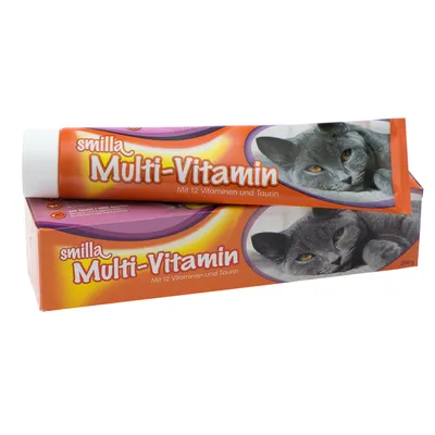 Tube et boîte Smilla Multi-Vitamin, texte visible : Mit 12 Vitaminen und Taurin, image d’un chat gris, poids indiqué 200 g.