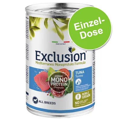 Exclusion Mediterraneo Monoprotein Formula, Einzel-Dose, Thunfisch, für alle Rassen, ohne Mais, Weizen, Soja, hergestellt in Italien.