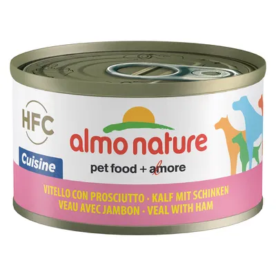 Conservă Almo Nature HFC Cuisine, pet food + amore, vitello con prosciutto, veal with ham, etichete multilingve vizibile pe ambalaj. Ilustrații colorate cu animale pe lateral.