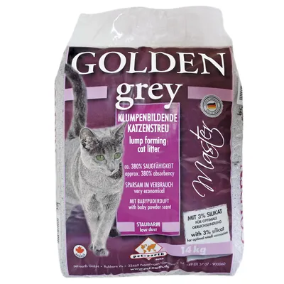 Golden Grey Master paakkuuntuva kissanhiekka, noin 380 % imukyky, vauvantalkin tuoksu, pölyämätön, sisältää 3 % silikaattia, 14 kg pussi. Teksti saksaksi ja englanniksi.