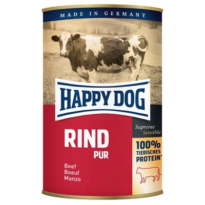 Lata de comida para perros Happy Dog Rind Pur, Supreme Sensible, 100 % proteína animal, Made in Germany, texto visible en alemán, inglés, francés e italiano.