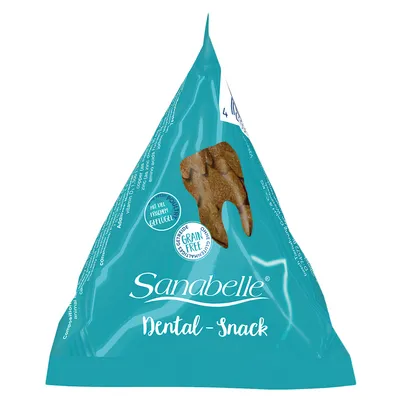 Sanabelle Dental-Snack, с большим количеством свежей птицы, без зерна, без добавления сахара. Упаковка с изображением зуба и видом продукта.