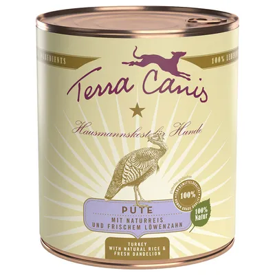 Lata de comida para perros Terra Canis Pute, con arroz natural y diente de león fresco. Texto visible en alemán e inglés: 100 % Natur, Hausmannskost für Hunde, Turkey with natural rice & fresh dandelion.