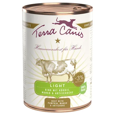 Boîte Terra Canis Light pour chiens, bœuf avec potiron, mangue et artichaut, <3 % matières grasses, 100 % naturel. Texte en allemand et anglais visible sur l’étiquette. Boîte Terra Canis Light pour chiens, bœuf avec potiron, mangue et artichaut, <3 % matières grasses, 100 % naturel. Texte en allemand et anglais visible sur l’étiquette.