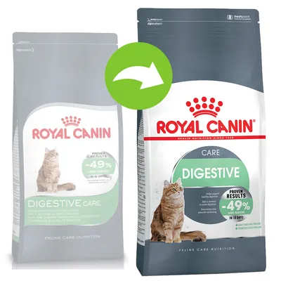 Royal Canin Digestive Care suha hrana za mačke, prikaz stare i nove ambalaže. Na pakiranju piše: Proven results -49% less faeces in 10 days.