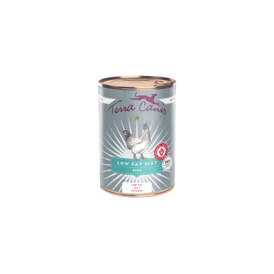 Terra Canis Low Fat Diæt Kylling, dåse med billede af en kylling, segl 100% fødevarekvalitet, påskrift Low Fat Diet Chicken.