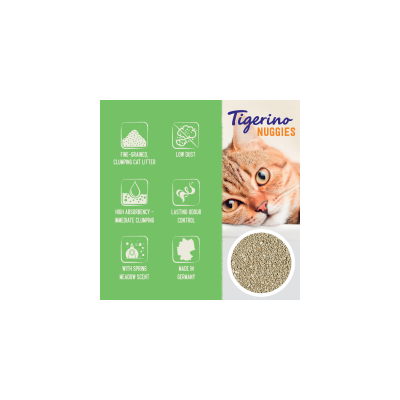Tigerino Nuggies. Finkornet, klumpende kattegrus, støvfattig, høj sugeevne, langvarig lugtkontrol, duft af forårseng, fremstillet i Tyskland.