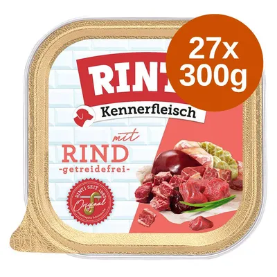 Rinti Kennerfleisch mit Rind, getreidefrei, 27x300g. Marhahúsos nedves eledel csomagolása látható, húsdarabokkal és zöldséggel illusztrálva.