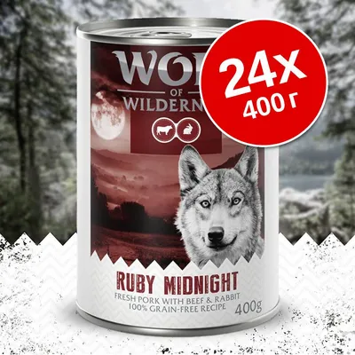 Консерва Wolf of Wilderness Ruby Midnight, 24×400 г. Надпис: Fresh pork with beef & rabbit, 100% grain-free recipe. Изображение на вълк и луна. Консерва Wolf of Wilderness Ruby Midnight, 24×400 г. Надпис: Fresh pork with beef & rabbit, 100% grain-free recipe. Изображение на вълк и луна.
