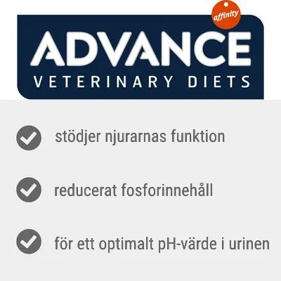 ADVANCE VETERINARY DIETS, stöder njurarnas funktion, reducerat fosforinnehåll, för ett optimalt pH-värde i urinen