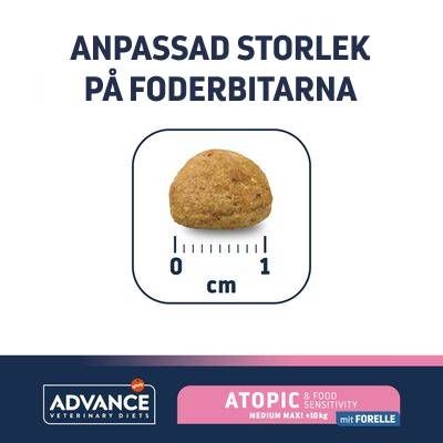 Advance Veterinary Diets Atopic & Food Sensitivity Medium Maxi +10 kg mit Forelle. Anpassad storlek på foderbitarna, bild på foderbit med måttskala 0–1 cm.