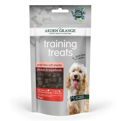 Training treats, grain free soft snacks with chicken and superfoods, naturally hypoallergenic, soft snacks, not tested on animals, 80g pack, with superfoods.