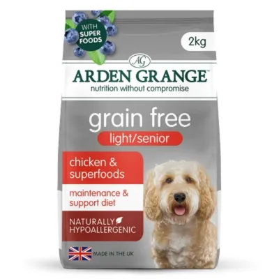 2kg Arden Grange grain free light or senior food with superfoods, chicken and superfoods, maintenance and support diet, naturally hypoallergenic, made in the UK.