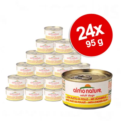 almo nature adult dogs -kanafileetä, 24 x 95 g säilykepakkaus. Punainen merkki: 24x 95 g. Tuotenimi ja määrä näkyvissä purkeissa.