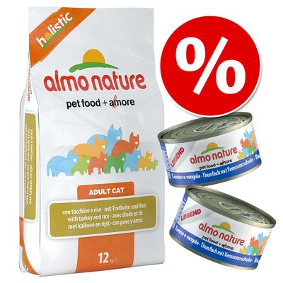 Blandpack: 2 kg Almo Nature torrfoder + 12 x 70 / 140 g våtfoder 2 kg Holistic Chicken & Rice + 12 x 140 g Legend Kycklinglår