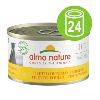 Confezione da 24 lattine Almo Nature HFC Natural, filetto di pollo. Testo visibile: 'PROFITS 100% TO NATURE', 'OWNED BY THE ANIMALS'.