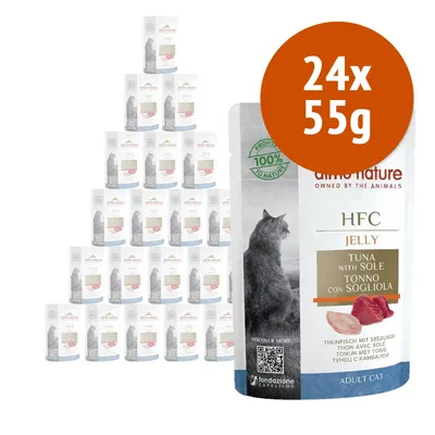 Almo Nature HFC Jelly Tonno con sogliola, confezione da 24 buste da 55 g ciascuna per gatto adulto. Etichetta: 100% naturale, immagine di un gatto e pezzi di pesce visibili.