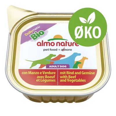 almo nature pet food + more DailyMenu Bio ADULT DOG, med oksekød og grøntsager. ØKO-mærke synligt på emballagen.