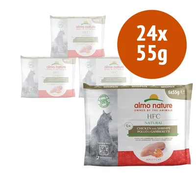 almo nature HFC Natural pollo e gamberetti per gatto adulto, confezione multipla 24x55g, visibile scritta 100% ingredienti naturali