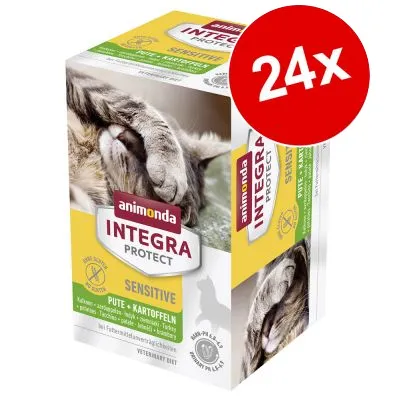 Animonda Integra Protect Sensitive Pute + Kartoffeln, 24x. Text på förpackning: känslig, kalkon och potatis, utan spannmål, stödjer pH 6,4–6,8. Bild på katt.