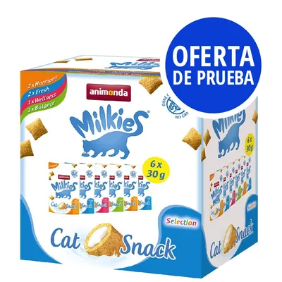 Caja de snacks para gatos animonda Milkies Selection, incluye 6 sobres de 30 g: 2 Harmony, 2 Fresh, 1 Wellness, 1 Balance. Oferta de prueba visible en círculo azul.