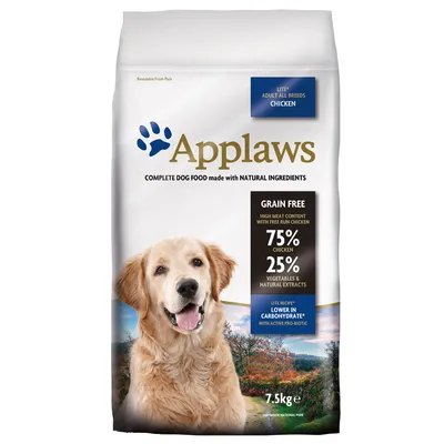 Karma Applaws dla psów, 7,5 kg. Widoczne napisy: LITE ADULT ALL BREEDS CHICKEN, GRAIN FREE, 75% chicken, 25% vegetables & natural extracts, lower in carbohydrate.
