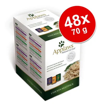 Applaws Natural Cat Food Chicken Multipack, 48 x 70 g. Pakkauksessa näkyy kolme erilaista pussivaihtoehtoa ja teksti '100% natural'.