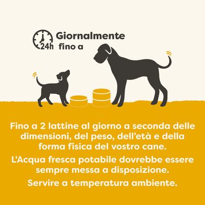 Razioni consigliate: Fino a 2 lattine al giorno, a seconda della taglia, peso, età e condizione del cane. Mettere a disposizione acqua potabile fresca. Servire a temperatura ambiente.