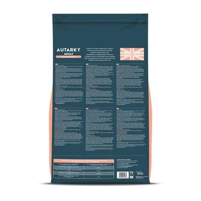 Back of Autarky Adult food bag showing feeding guidelines, nutritional information, ingredients list, and a label stating 'Made in the UK' with a Union Jack flag.