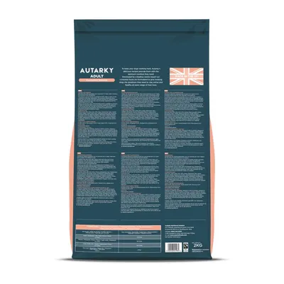 Back of Autarky Adult food bag showing feeding guidelines, nutritional information, ingredients list, and a label stating 'Made in the UK' with a Union Jack flag.