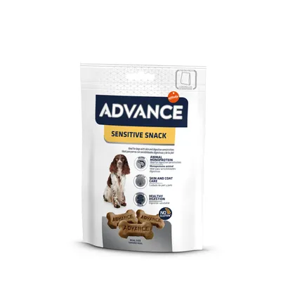Advance Sensitive Snack, ideal pentru câinii cu sensibilități ale pielii și digestiei. Monoproteină, îngrijire pentru piele și blană, digestie sănătoasă, fără gluten. Formă de os Real Size. Advance Sensitive Snack, ideal pentru câinii cu sensibilități ale pielii și digestiei. Monoproteină, îngrijire pentru piele și blană, digestie sănătoasă, fără gluten. Formă de os Real Size.