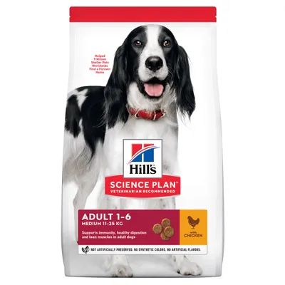 Hill's Science Plan Adult 1-6 Medium 11–25 kg con pollo. Texto en inglés: Supports immunity, healthy digestion and lean muscles in adult dogs. Sin conservantes ni colorantes artificiales.