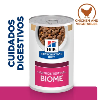 Hill's Prescription Diet Gastrointestinal Biome, cuidados digestivos. Texto em inglês: Chicken and Vegetables. Lata de comida húmida visível com pedaços e legumes.