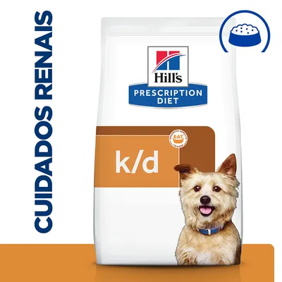 Embalagem de Hill's Prescription Diet k/d, texto visível: 'CUIDADOS RENAIS', símbolo de taça de comida no canto superior direito.