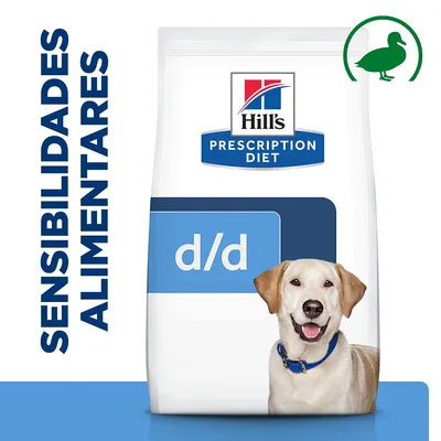 Embalagem de ração Hill's Prescription Diet d/d com imagem de cão e símbolo de pato. Texto visível: 'SENSIBILIDADES ALIMENTARES'.