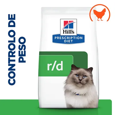 Hill's Prescription Diet r/d para gatos, controlo de peso. Saco com imagem de gato e ícone de frango no canto superior direito.