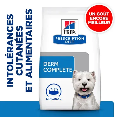 Hill's Prescription Diet Derm Complete Original, intolérances cutanées et alimentaires, un goût encore meilleur, photo d’un chien blanc sur l’emballage.