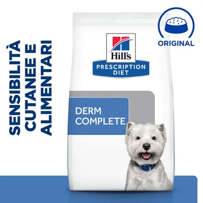 Hill's Prescription Diet Derm Complete, scritta: sensibilità cutanee e alimentari, immagine di un cane bianco, simbolo ciotola con testo 'Original'. Hill's Prescription Diet Derm Complete, scritta: sensibilità cutanee e alimentari, immagine di un cane bianco, simbolo ciotola con testo 'Original'.